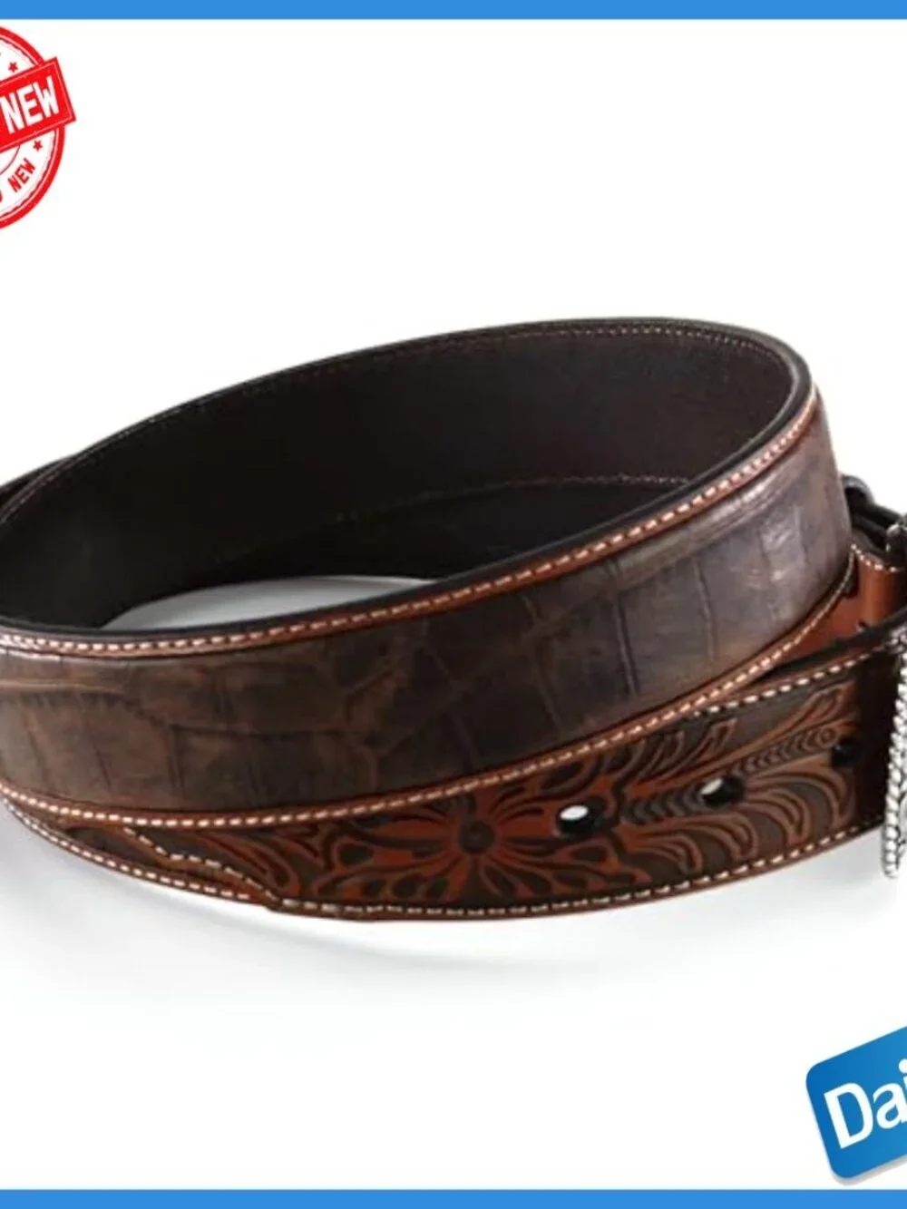 Men's Genuine Leather Belt with Floral Tab Buckle Size 34